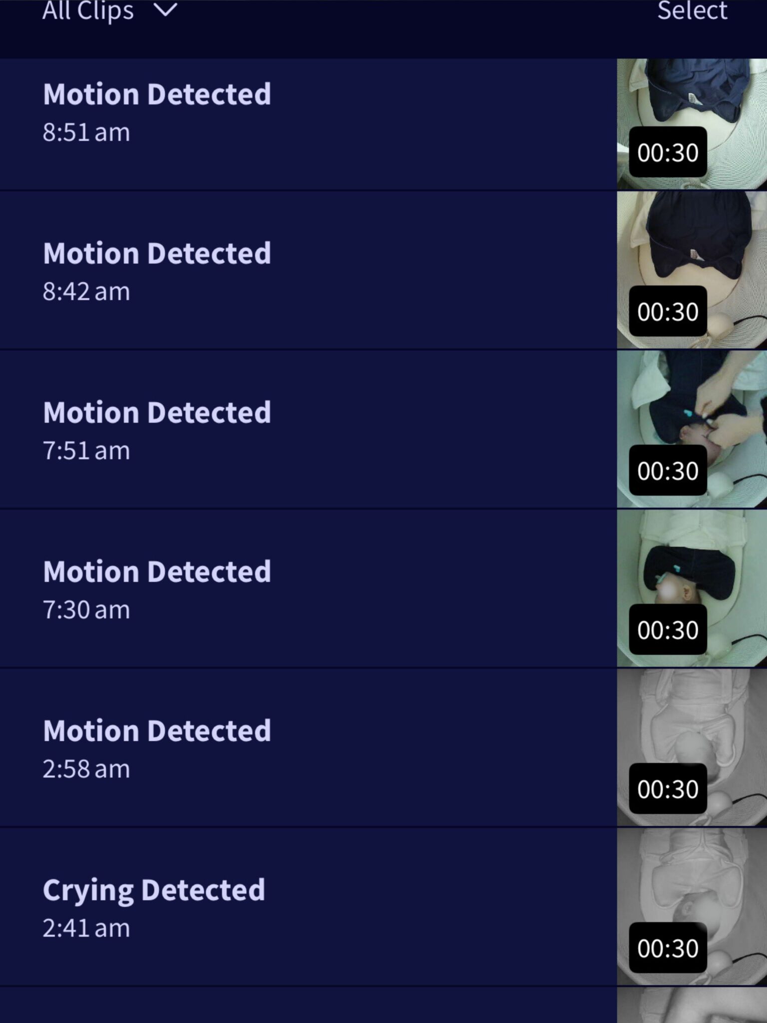 A list of surveillance alerts showing motion and crying detected at various early morning times, each with a 30-second video thumbnail.