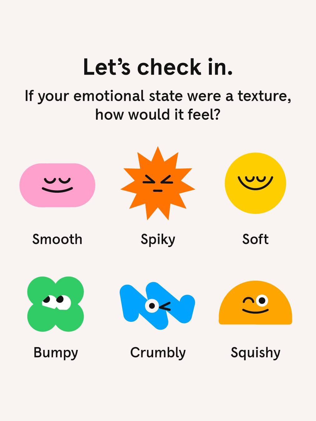 Graphic with six cartoon shapes representing different emotional textures: smooth, spiky, soft, bumpy, crumbly, and squishy, with the prompt, “If your emotional state were a texture, how would it feel?”.