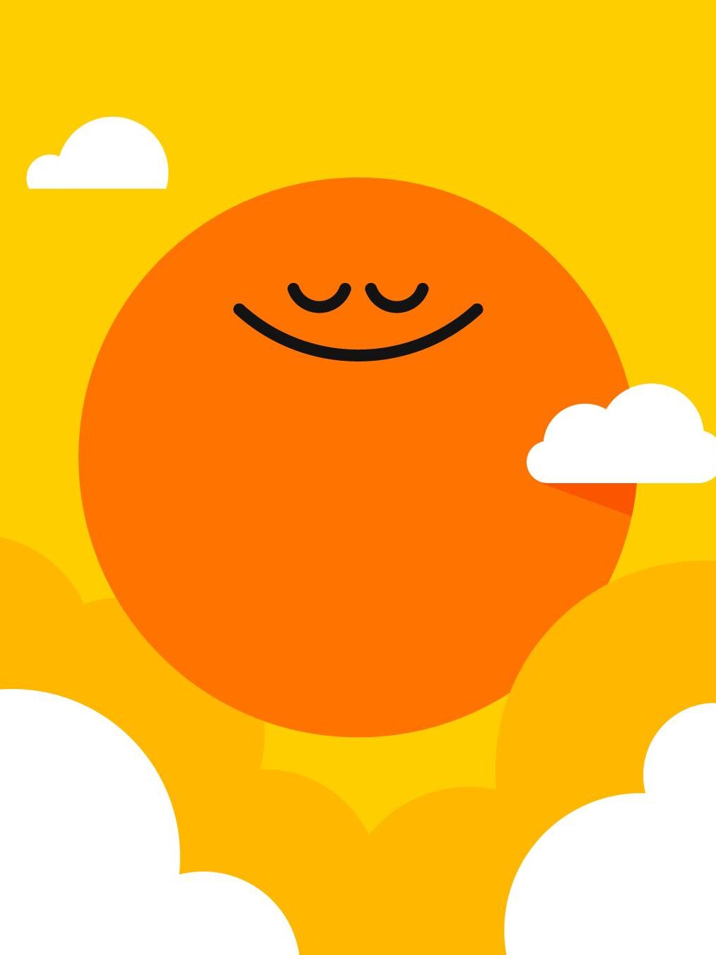 A large orange sun with a simple smiling face is surrounded by white clouds against a yellow sky.