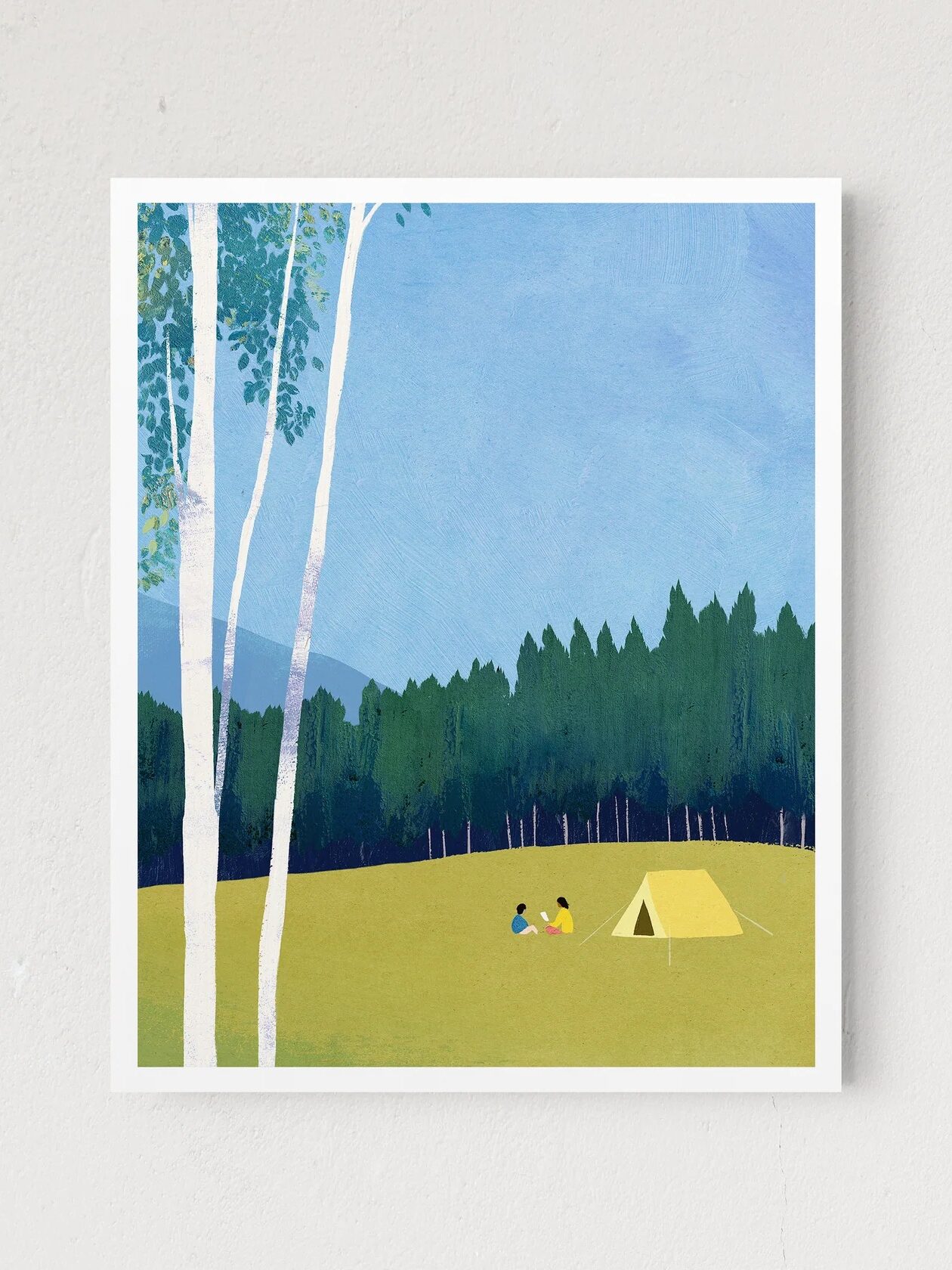 Illustration of two people sitting near a yellow tent in a grassy field with trees and mountains in the background under a clear blue sky.