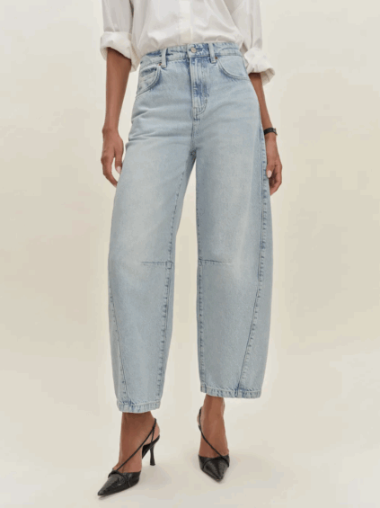 A person wearing light blue wide-leg jeans, a white long-sleeve shirt with rolled-up sleeves, and black pointed-toe heels.