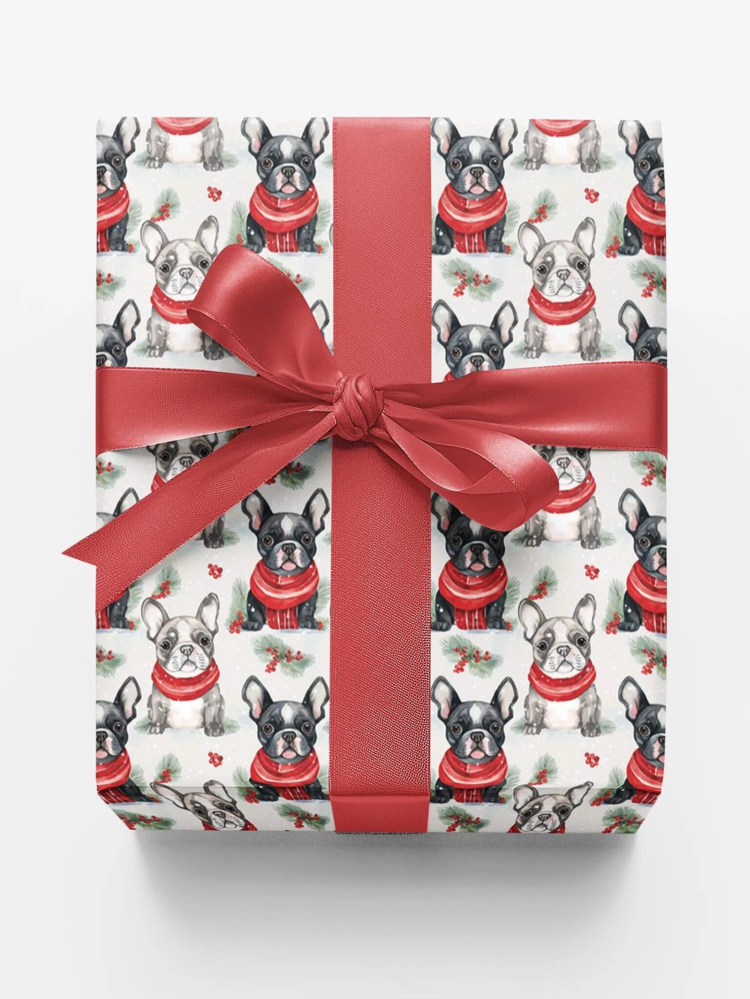 A gift box wrapped in paper featuring illustrations of French bulldogs wearing red scarves, tied with a wide red ribbon and bow.