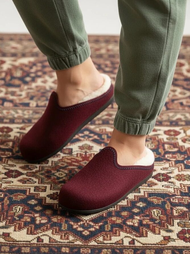 A person wearing green pants and cozy maroon slippers stands on a patterned rug.