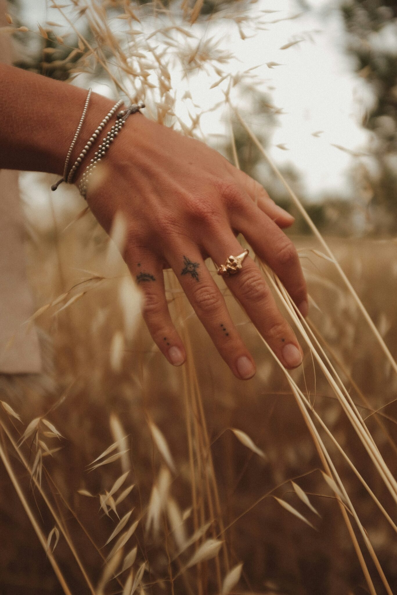 A hand with tattoos, a ring, and bracelets gently touches tall, dry grass in an outdoor setting.