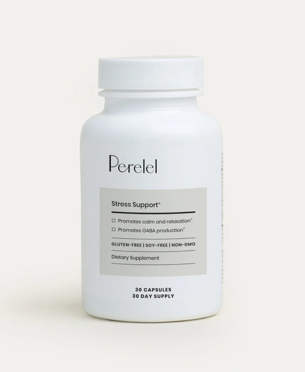 A white bottle labeled "Perelel Stress Support" dietary supplement, with 30 capsules and a 30-day supply. The label highlights stress relief benefits and is gluten-free, soy-free, and non-GMO.