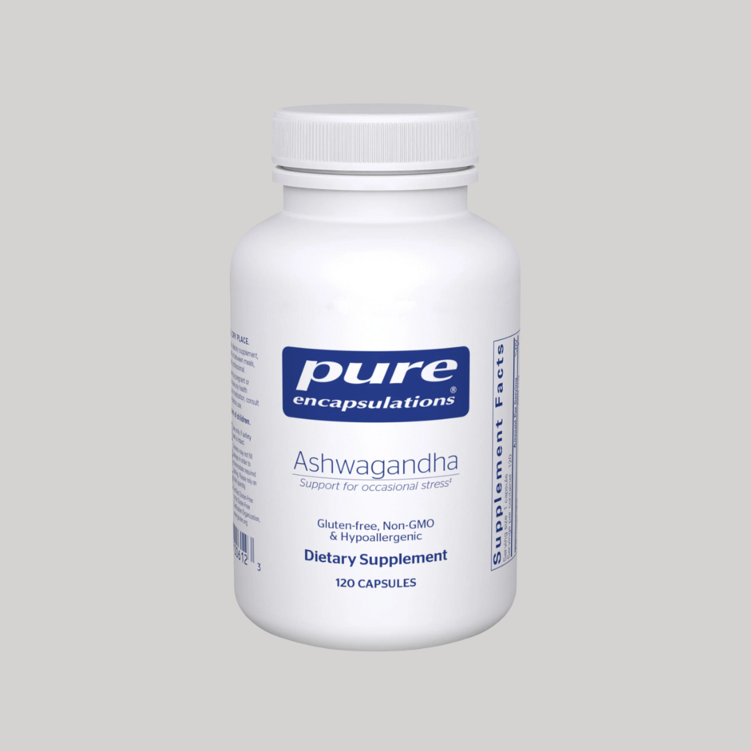 A white bottle labeled "Pure Encapsulations Ashwagandha" dietary supplement, containing 120 capsules, on a plain gray background.