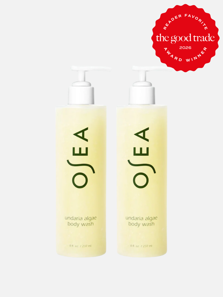 Two bottles of OSEA undaria algae body wash with pump tops are shown side by side. A red badge in the top right corner reads "The Good Trade 2026 Award Winner.