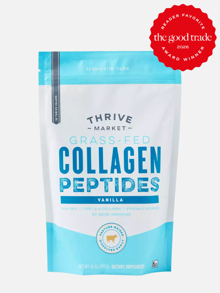 A blue and white bag of Thrive Market Grass-Fed Collagen Peptides Vanilla, featuring product details and a 2026 Good Trade Reader Favorite award badge.