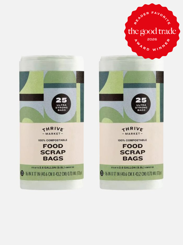 Two rolls of Thrive Market 100% compostable food scrap bags, each containing 25 bags. A “Reader Favorite” award badge from The Good Trade is displayed in the top right corner.