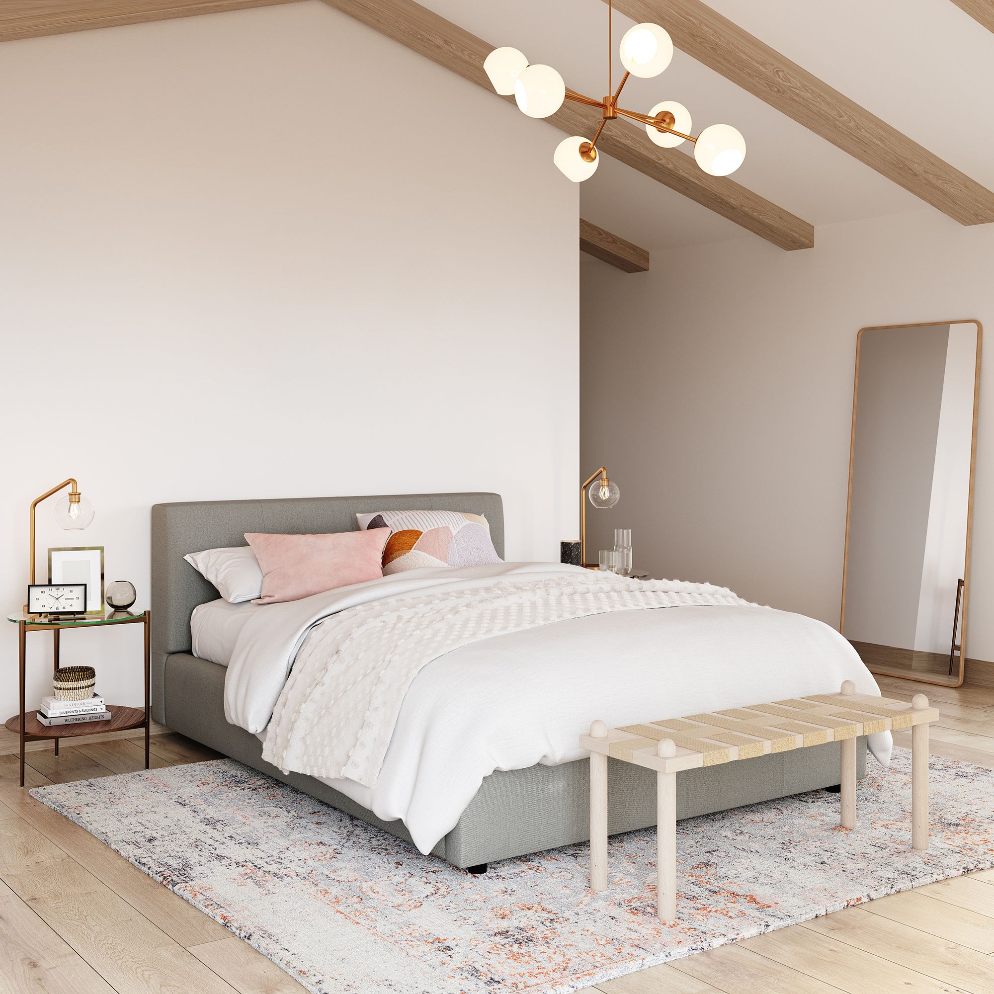 Modern bedroom with a gray upholstered bed, white bedding, wooden bench, bedside tables, a standing mirror, and a contemporary chandelier on a patterned rug.