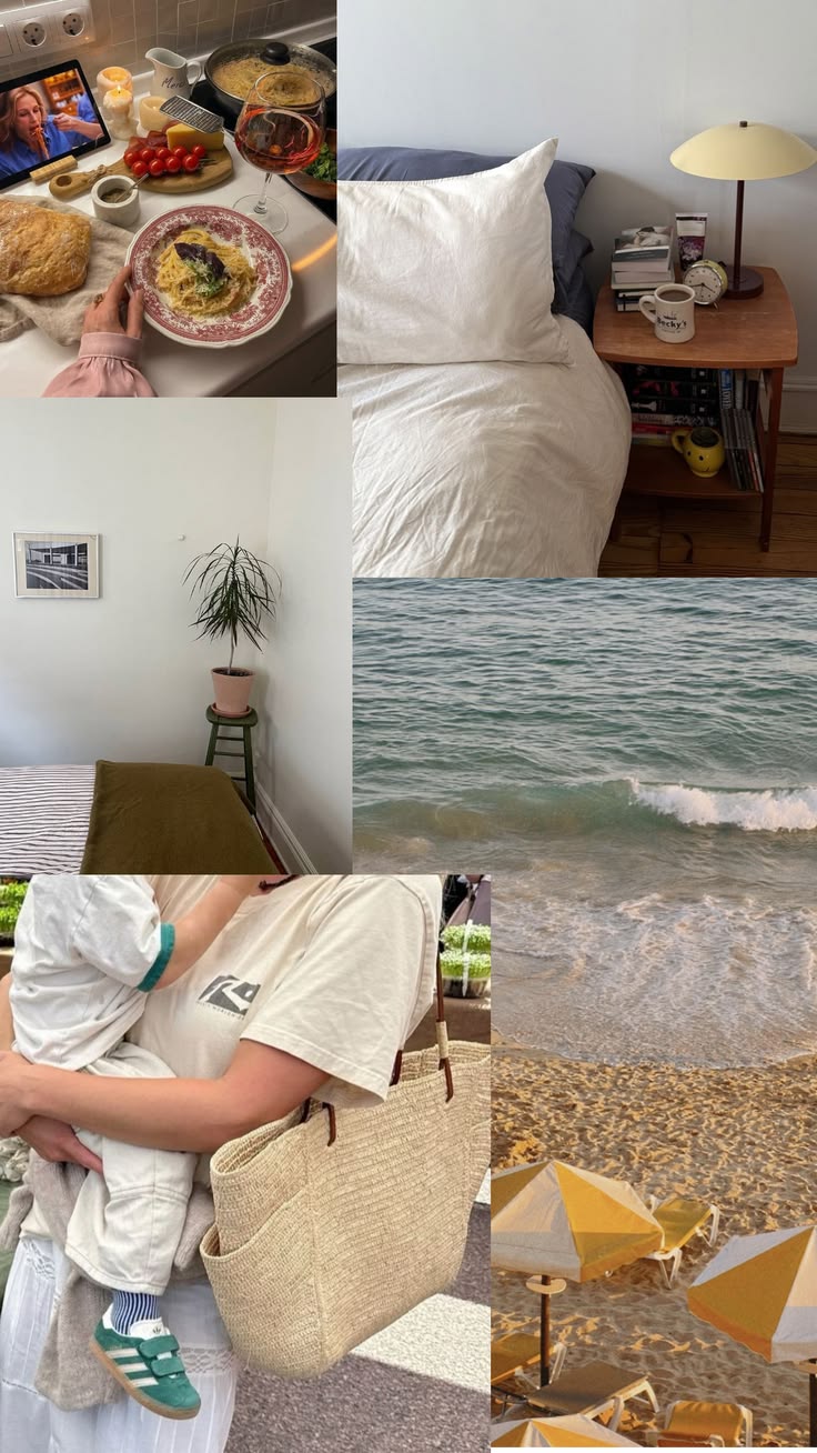 A collage of daily life scenes: a meal, a bedside table, a potted plant, ocean waves, a person holding a child, and yellow beach umbrellas on the sand.