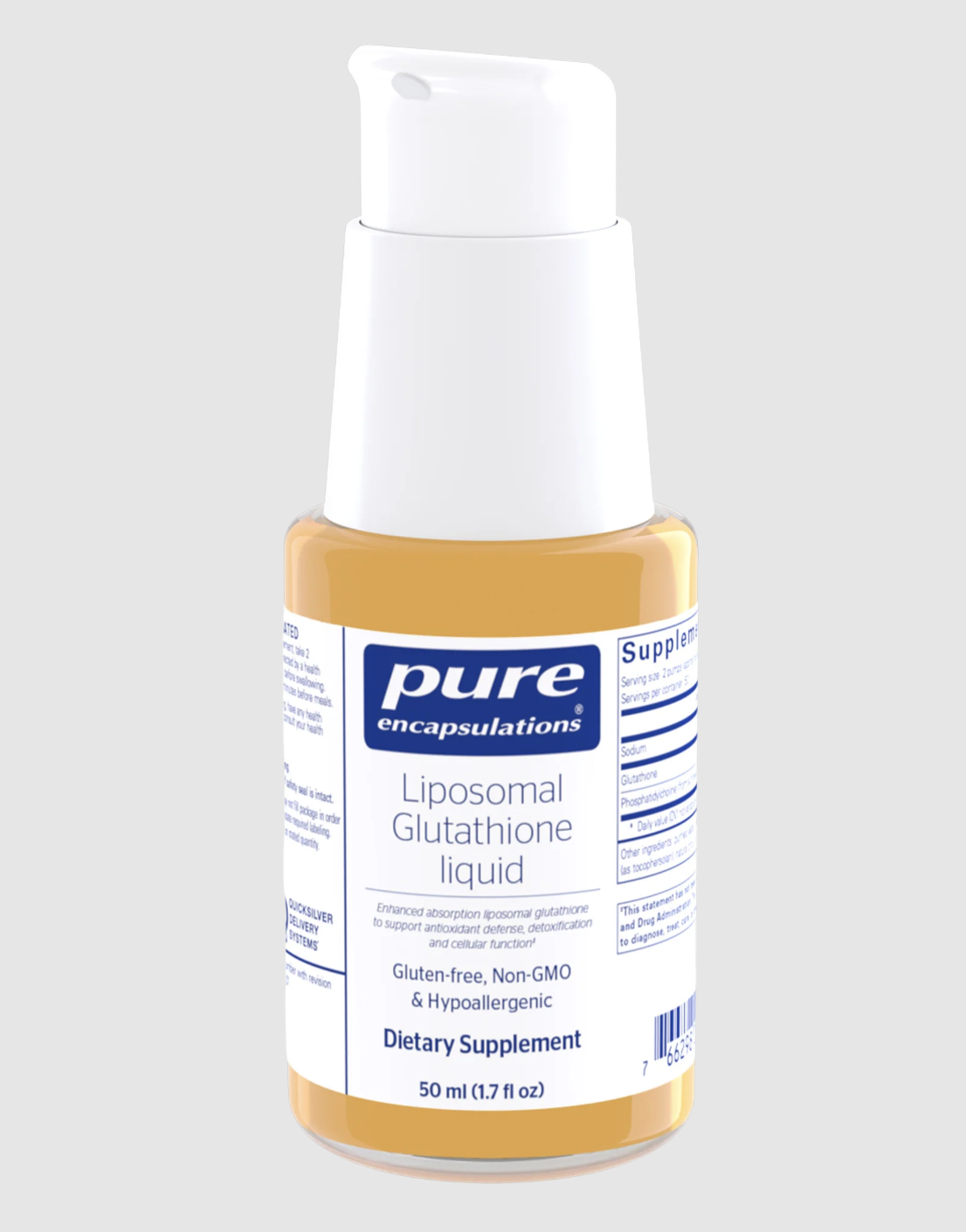 A white and orange bottle labeled "Pure Encapsulations Liposomal Glutathione liquid," a dietary supplement, containing 50 ml (1.7 fl oz).