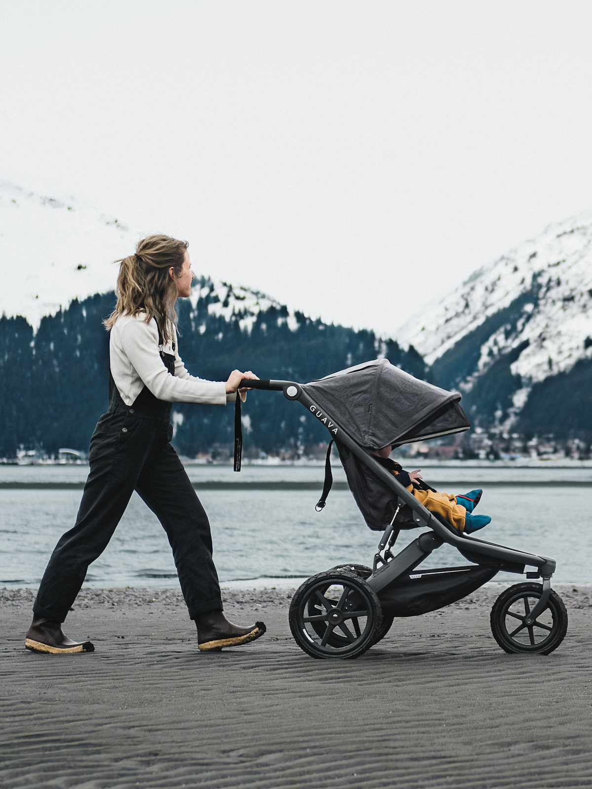 A person pushes a stroller along a sandy shore with snowy mountains and water in the background.