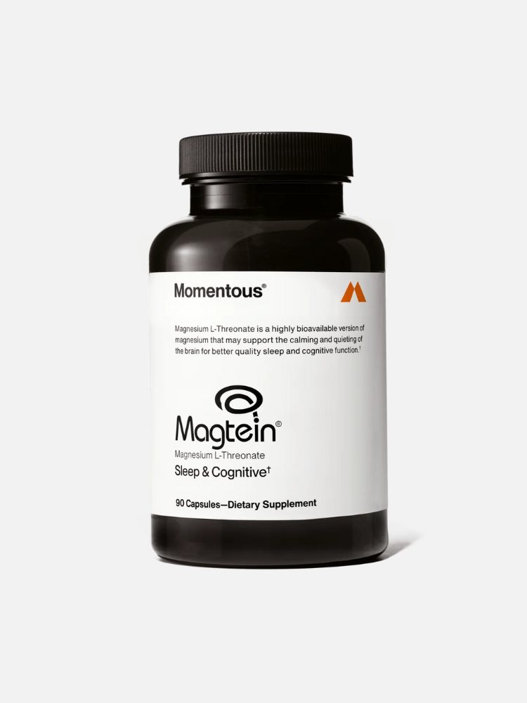 A black bottle of Momentous Magtein, a magnesium L-threonate supplement for sleep and cognitive support, containing 90 capsules.