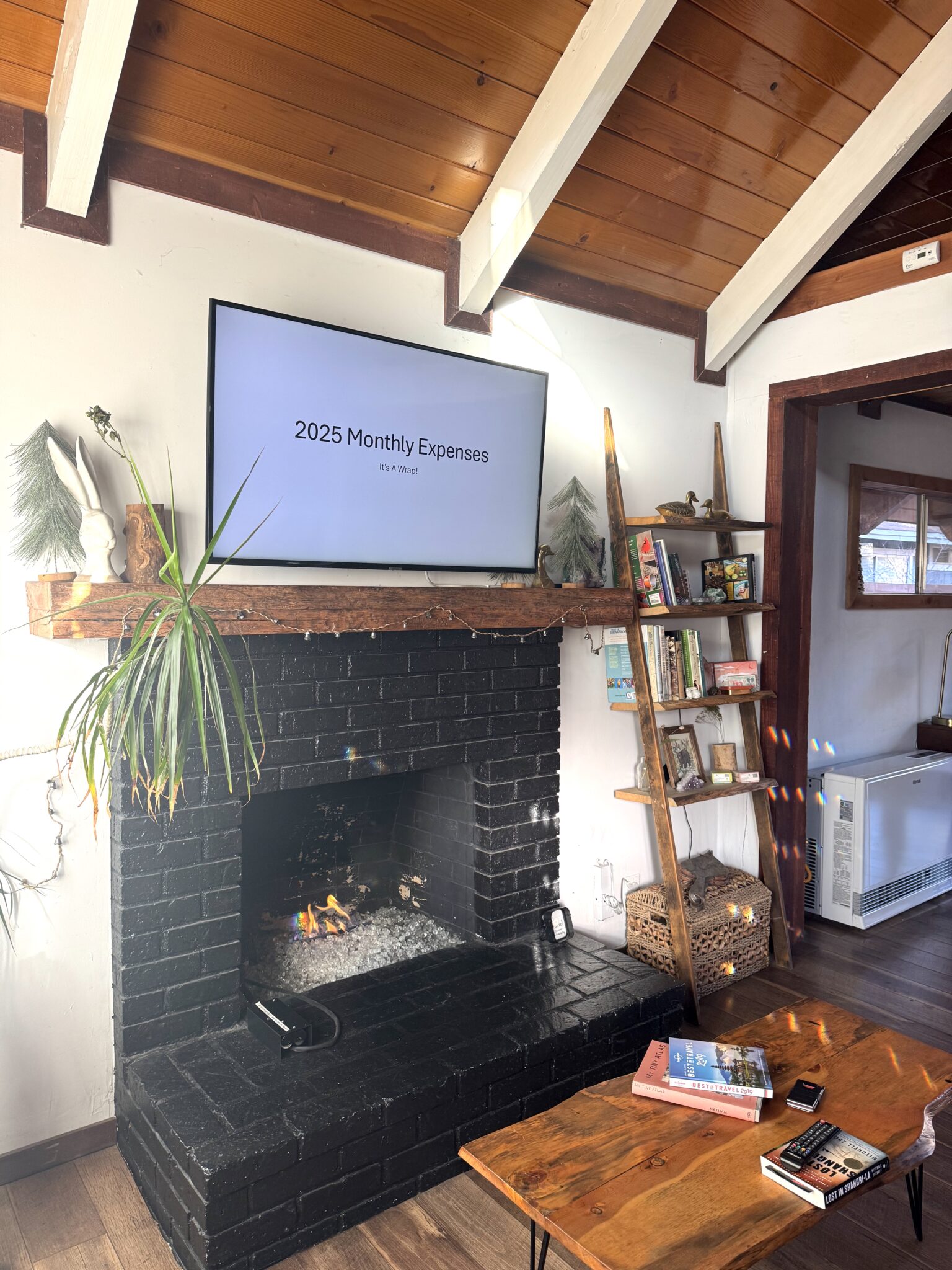 A tv on the fireplace.