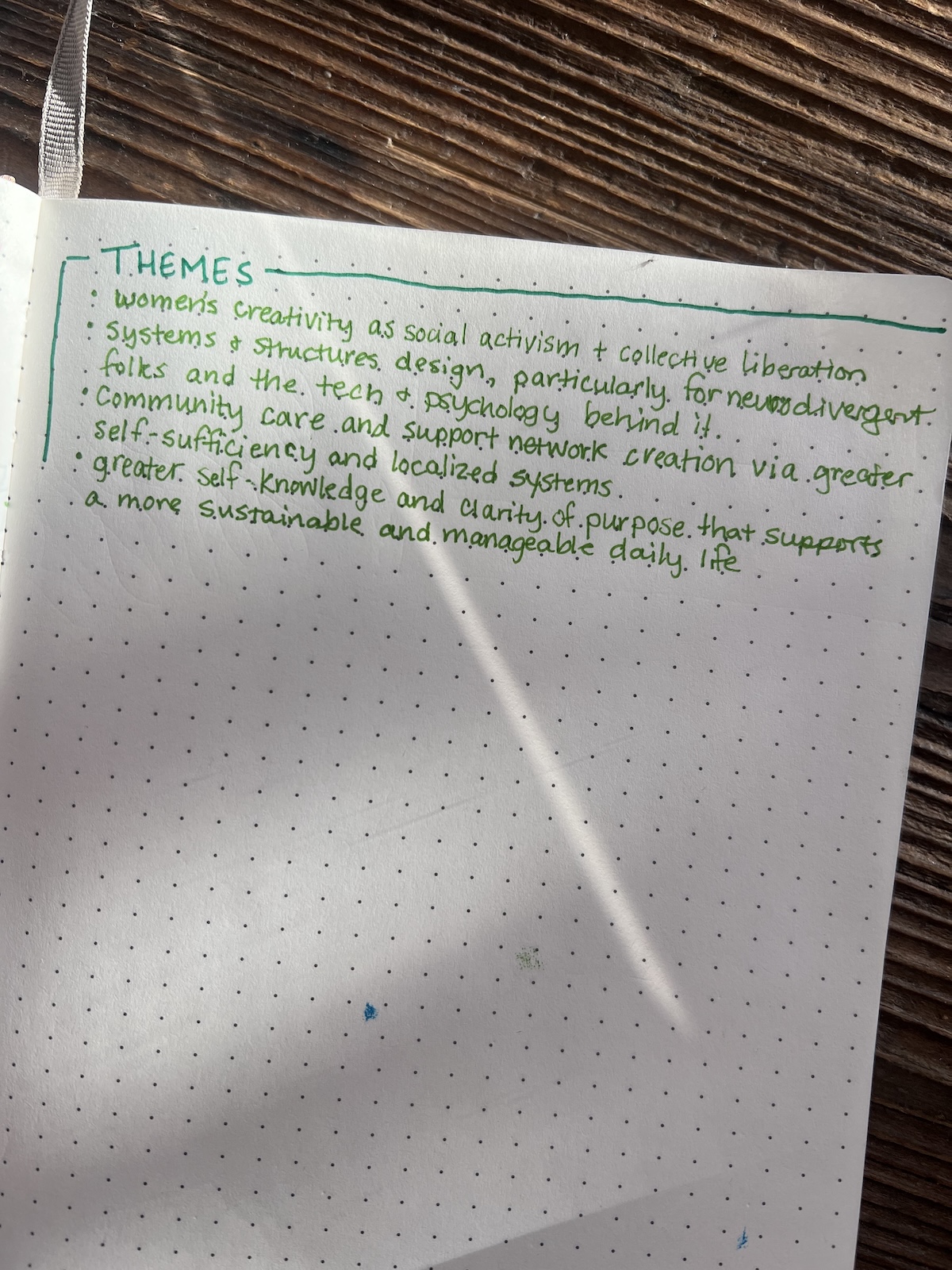 A handwritten list titled "THEMES" highlights topics like women's creativity, collective liberation, neurodivergent support, community care, self-sufficiency, and sustainable daily life.
